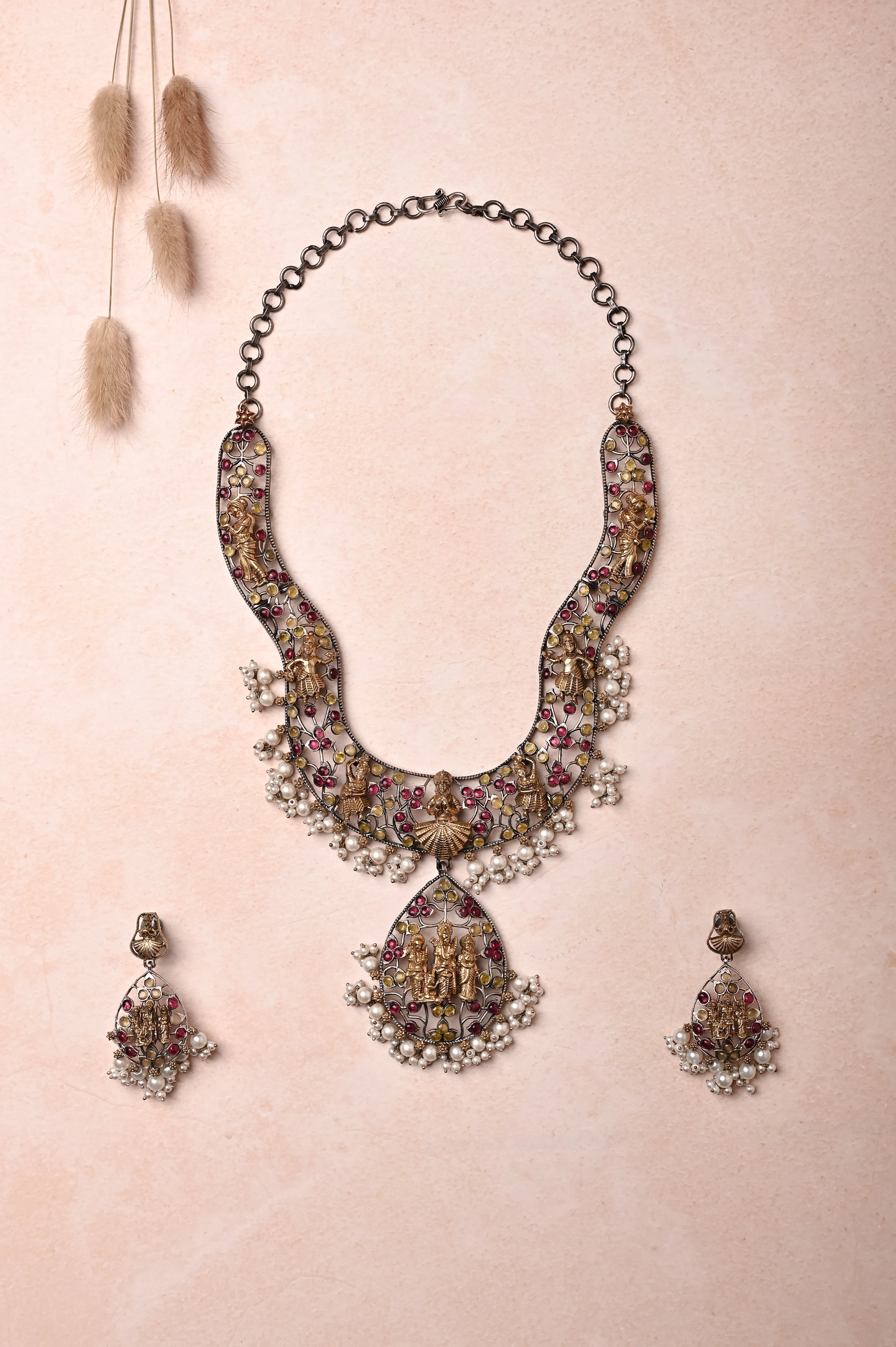 Golden and Black Polish Dual-Tone Metal Marwar Ram Sita Necklace Set with Monalisa and Pearl  Work