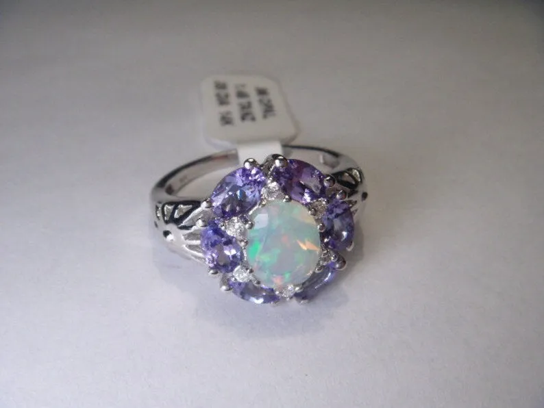 Gorgeous Estate 14K White Gold Diamod Tanzanite Opal Filigree Ring