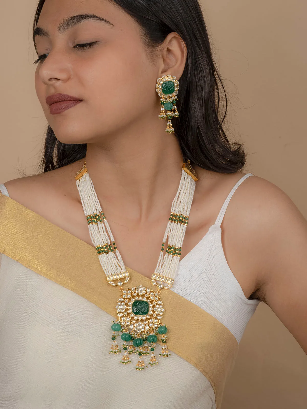 Green Color Gold Plated Jadau Kundan Necklace Set - MS1942YGR