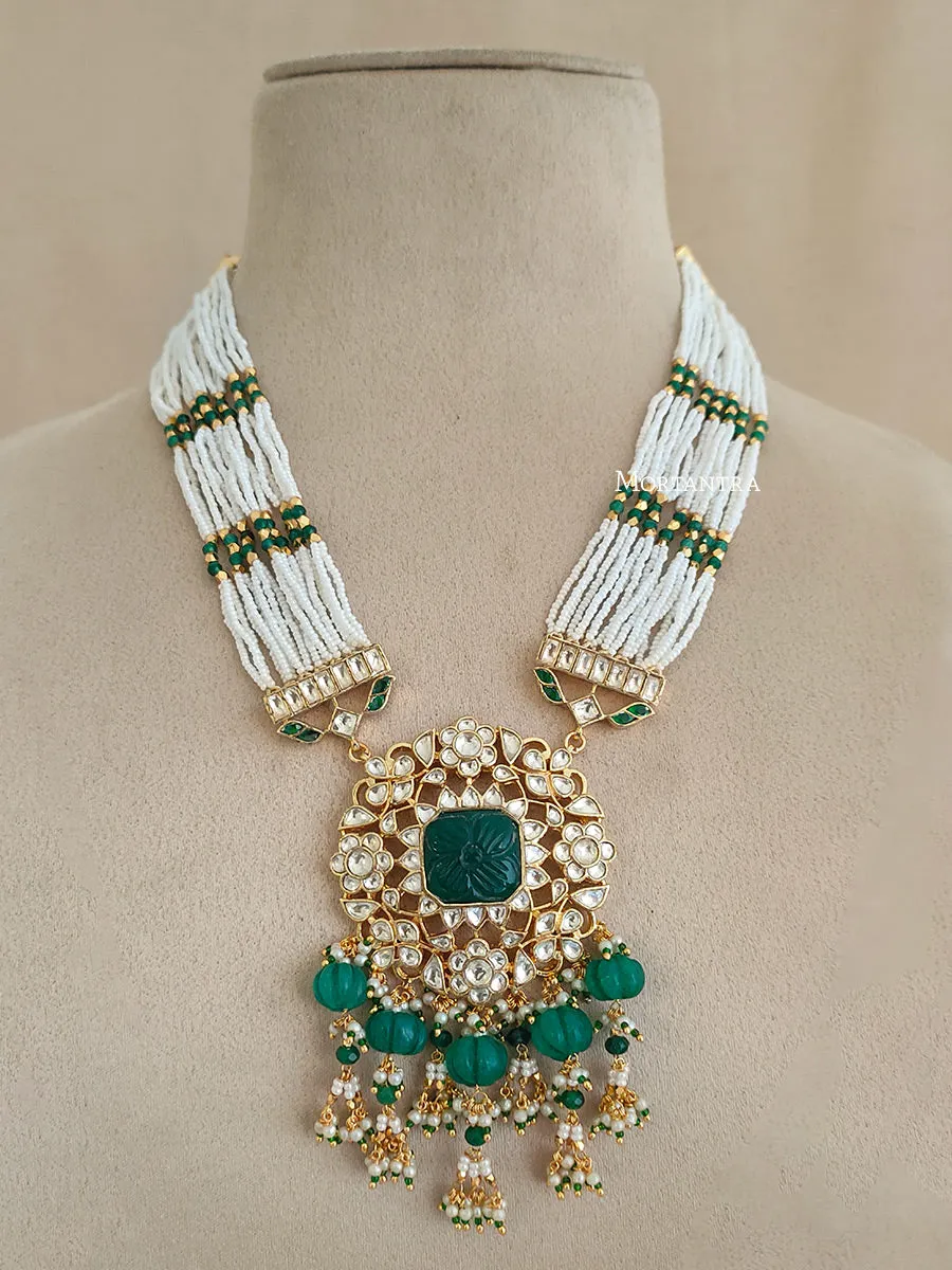 Green Color Gold Plated Jadau Kundan Necklace Set - MS1942YGR