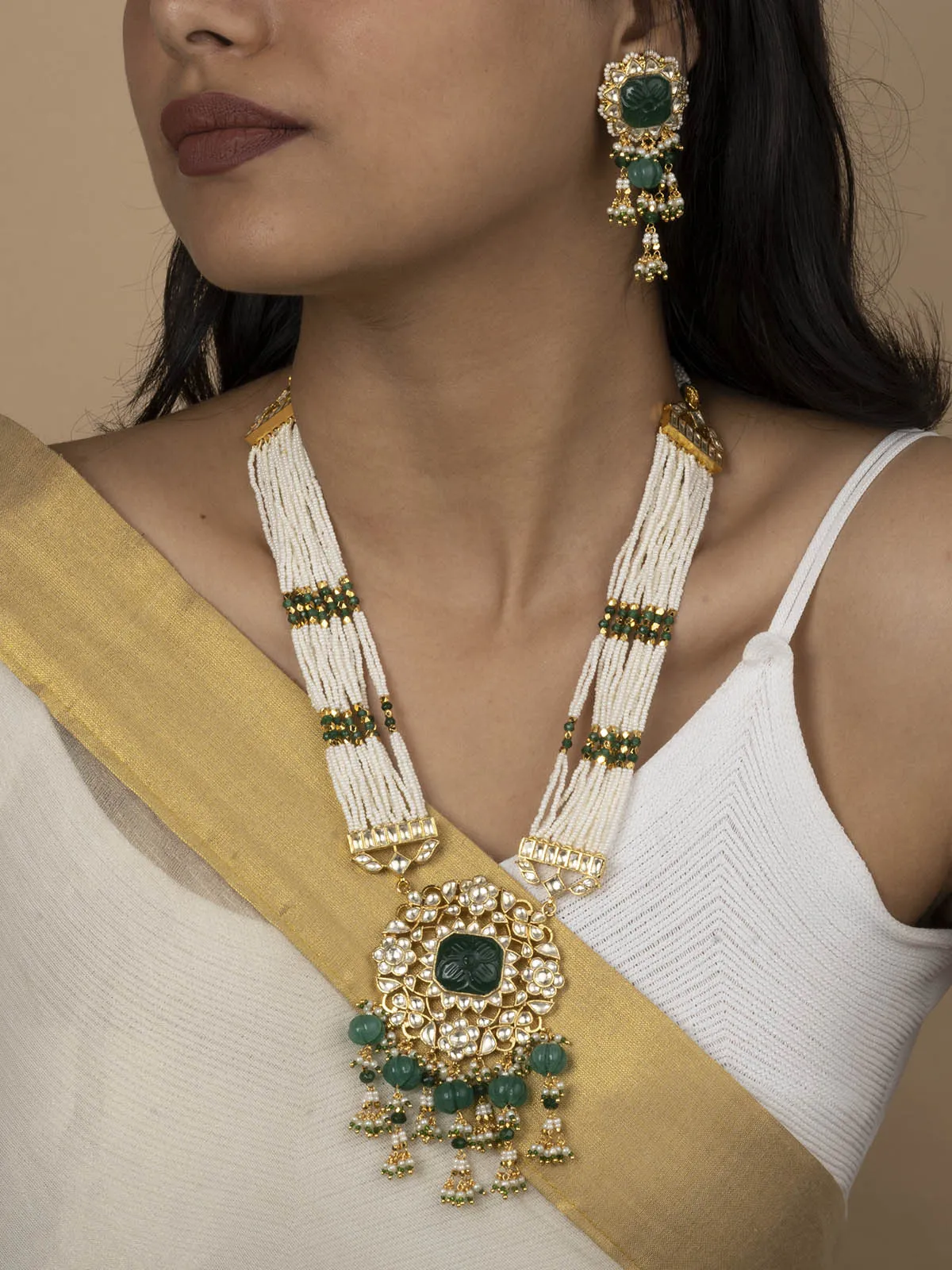 Green Color Gold Plated Jadau Kundan Necklace Set - MS1942YGR