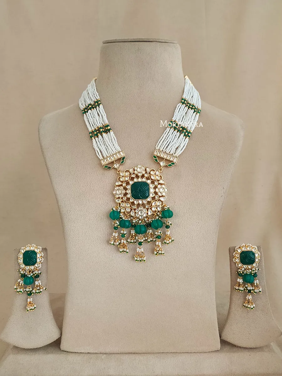 Green Color Gold Plated Jadau Kundan Necklace Set - MS1942YGR