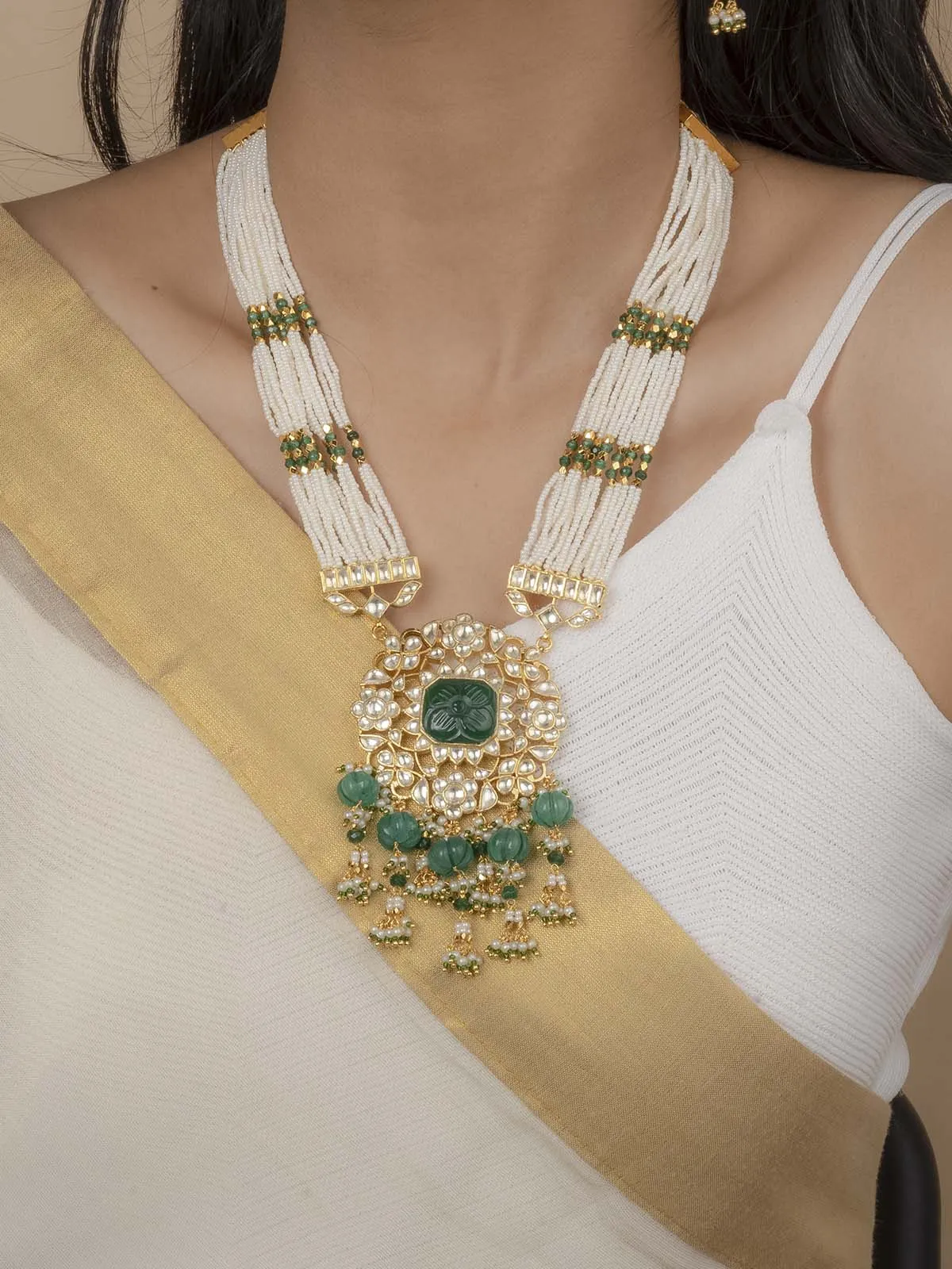 Green Color Gold Plated Jadau Kundan Necklace Set - MS1942YGR