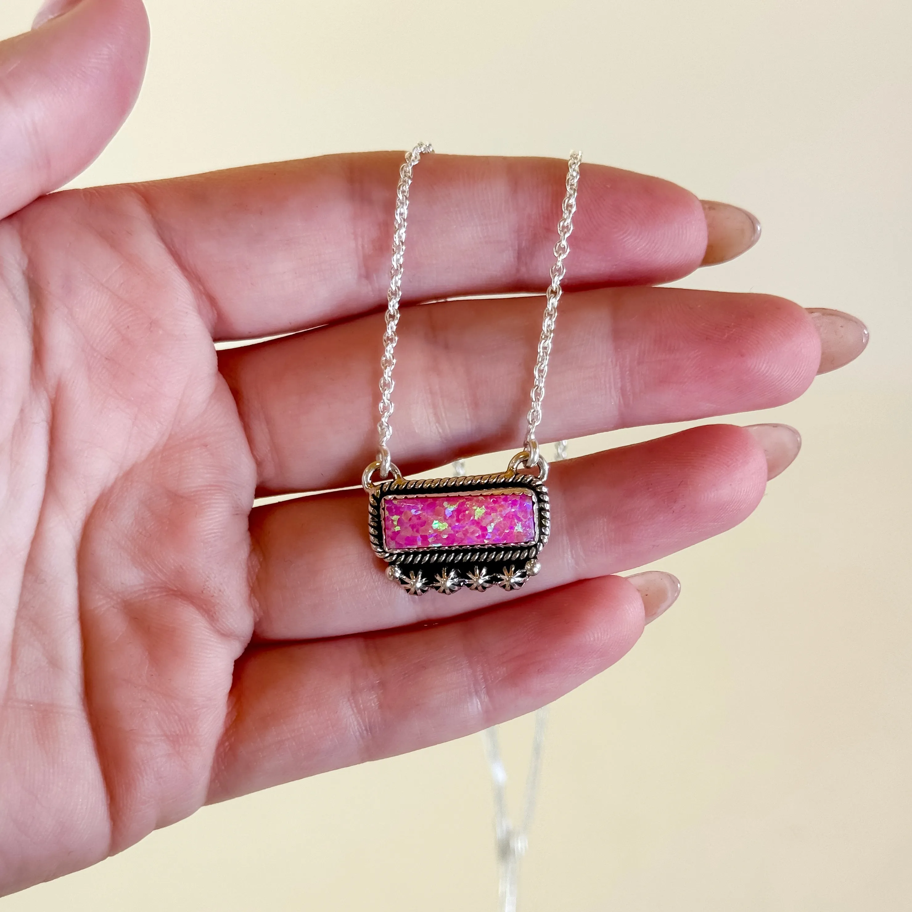 Hada Collection | Handmade Sterling Silver Mini Pink Opal Bar Pendant Necklace