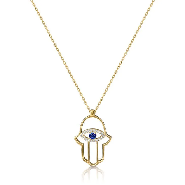 Hamsa Outline Necklace with CZ Evil Eye - Gold Plated