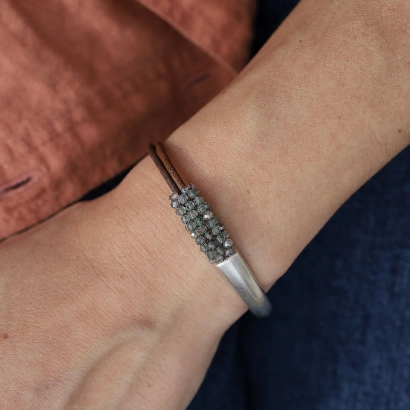 Hand Stitched Aquamarine & Labradorite 1/2 Cuff