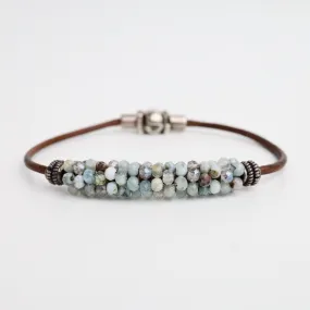 Hand Stitched Aquamarine, Blue Labradorite & Larimar on Leather Bracelet