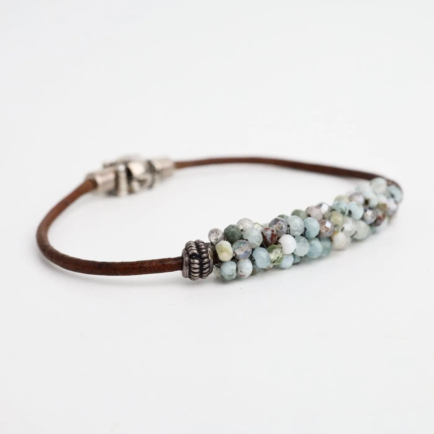 Hand Stitched Aquamarine, Blue Labradorite & Larimar on Leather Bracelet