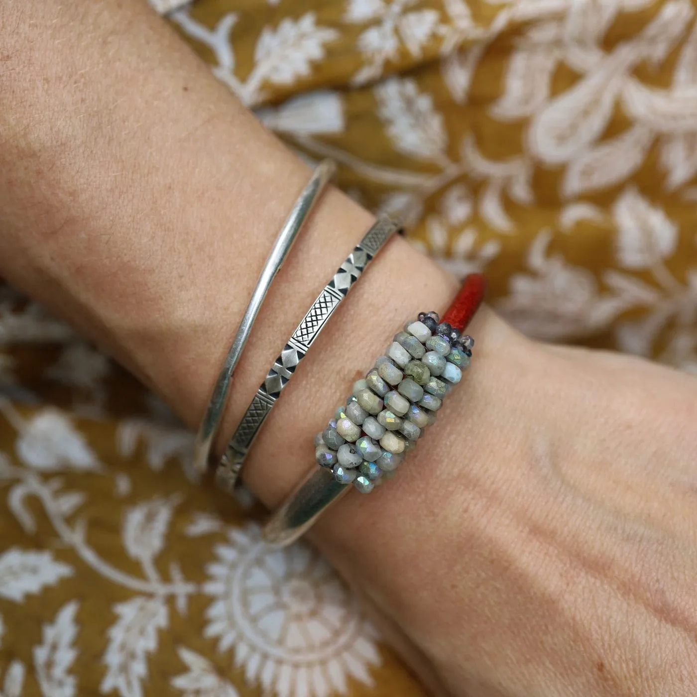 Hand Stitched Aquamarine Half Cuff Bracelet