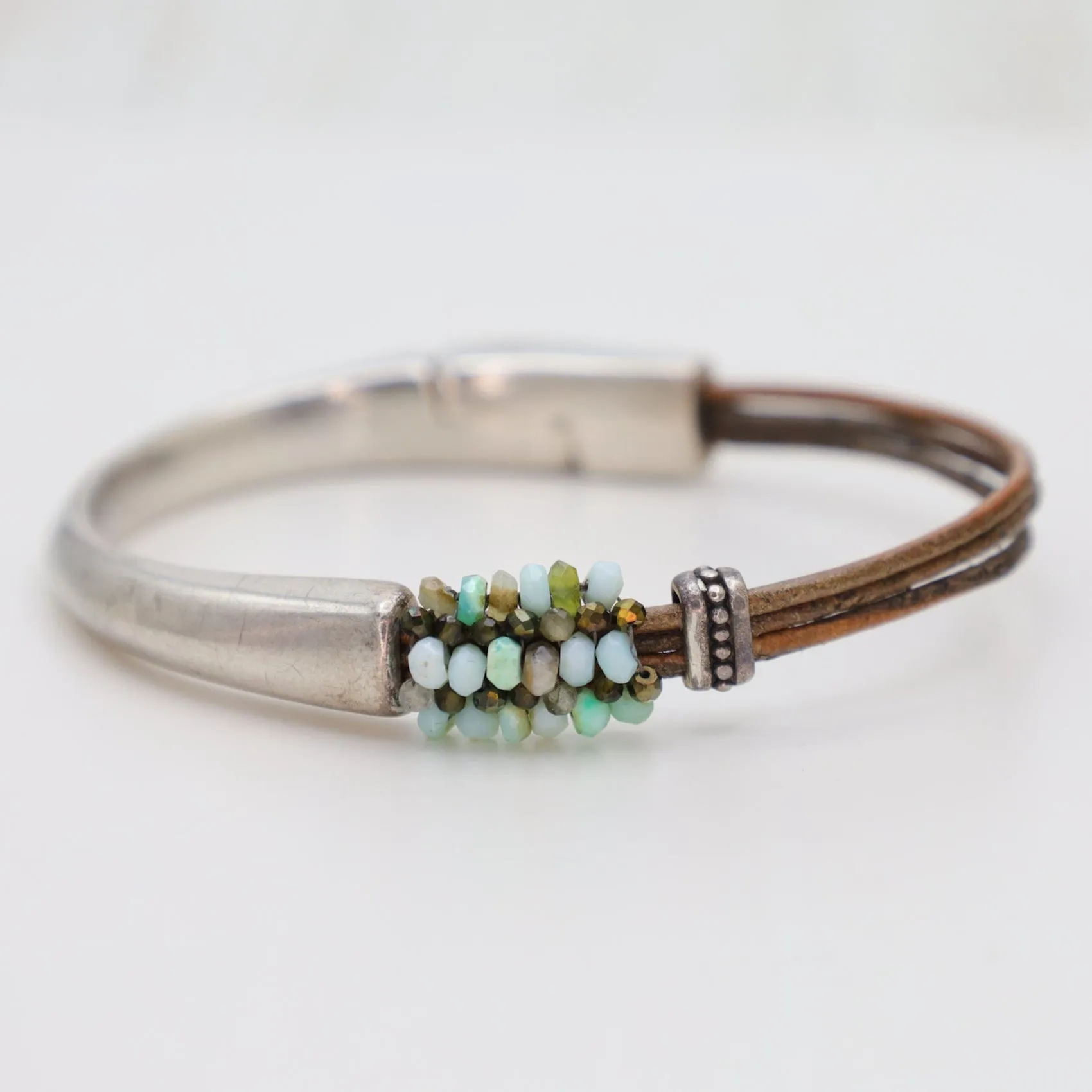 Hand Stitched Peruvian Opal, Pyrite & Cat`s Eye Half Cuff Bracelet