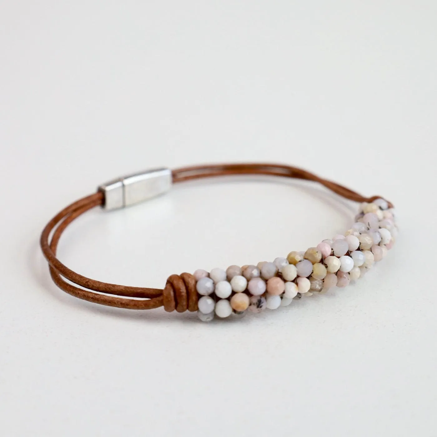 Hand Stitched Pink Opals on 2 Strands of Leather Bracelet