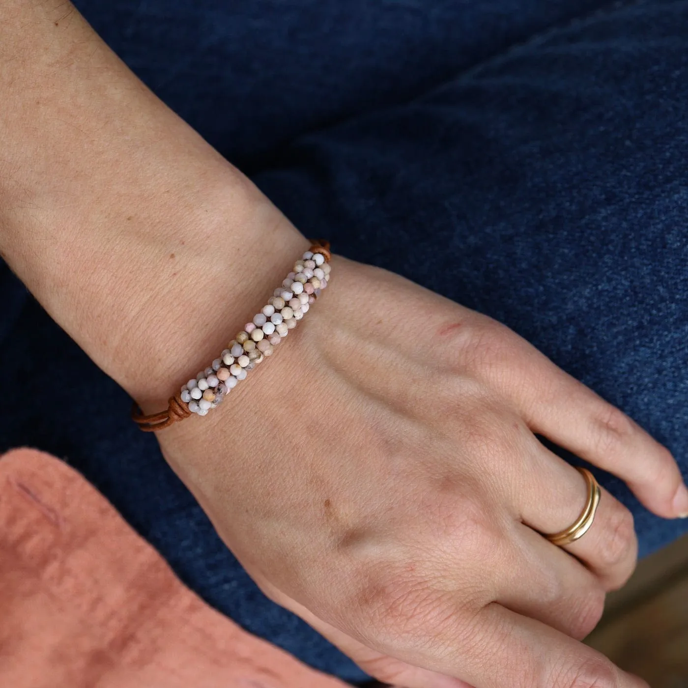 Hand Stitched Pink Opals on 2 Strands of Leather Bracelet