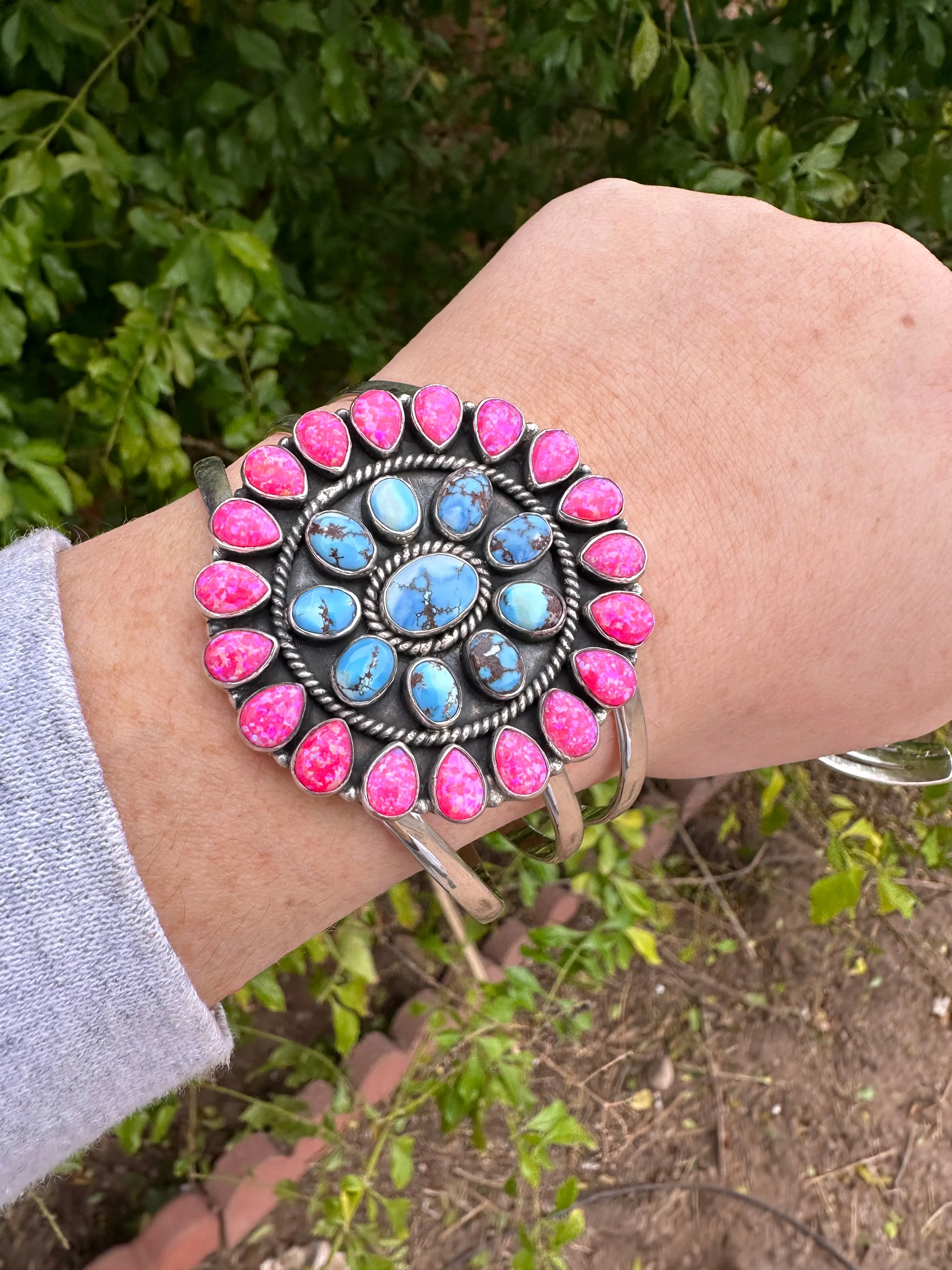 Handmade Sterling Silver, Golden Hills Turquoise & Hot Pink Fire Opal Adjustable Cuff Bracelet