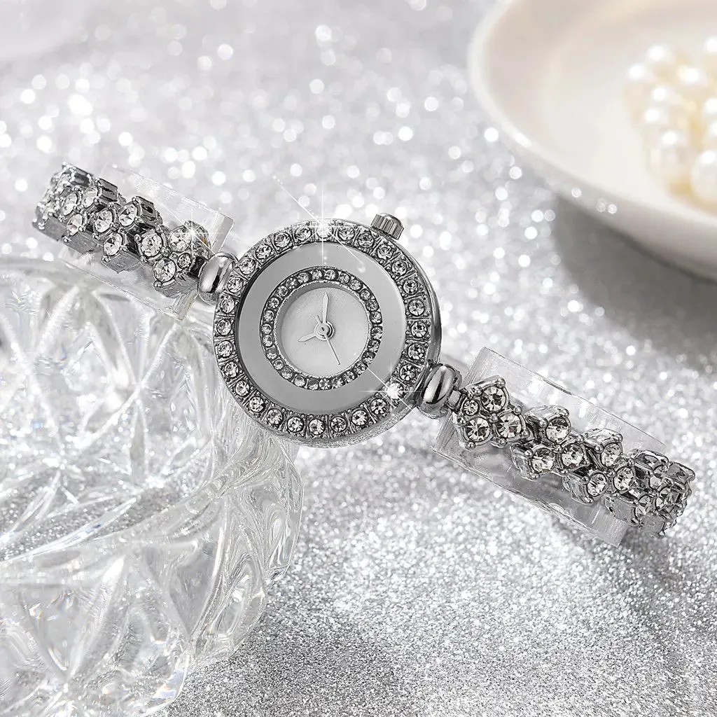 High-looking round quartz watch with full diamonds and small dial for women, fashionable and simple thin chain watch