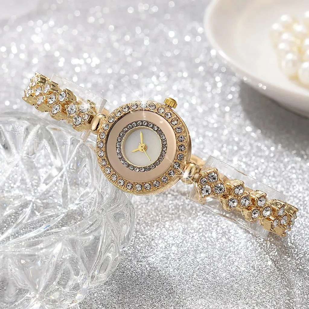 High-looking round quartz watch with full diamonds and small dial for women, fashionable and simple thin chain watch