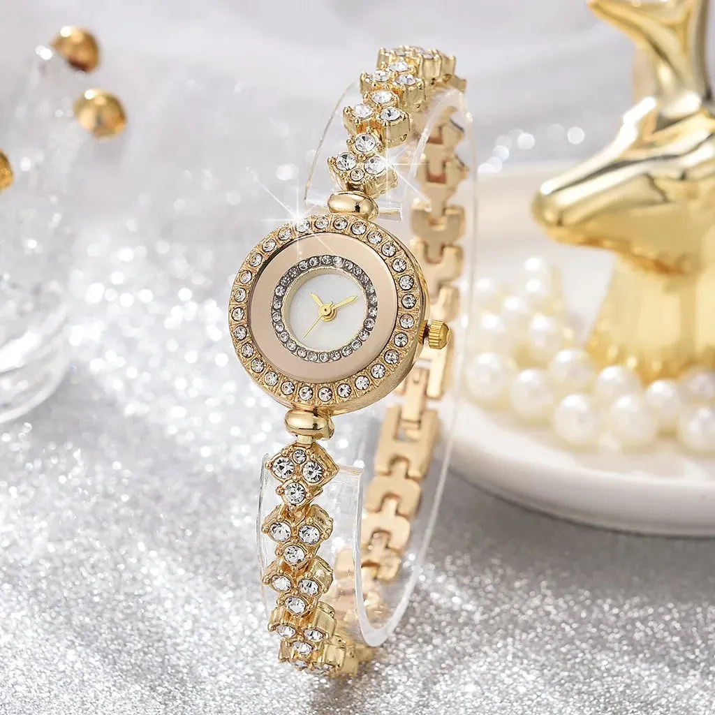 High-looking round quartz watch with full diamonds and small dial for women, fashionable and simple thin chain watch