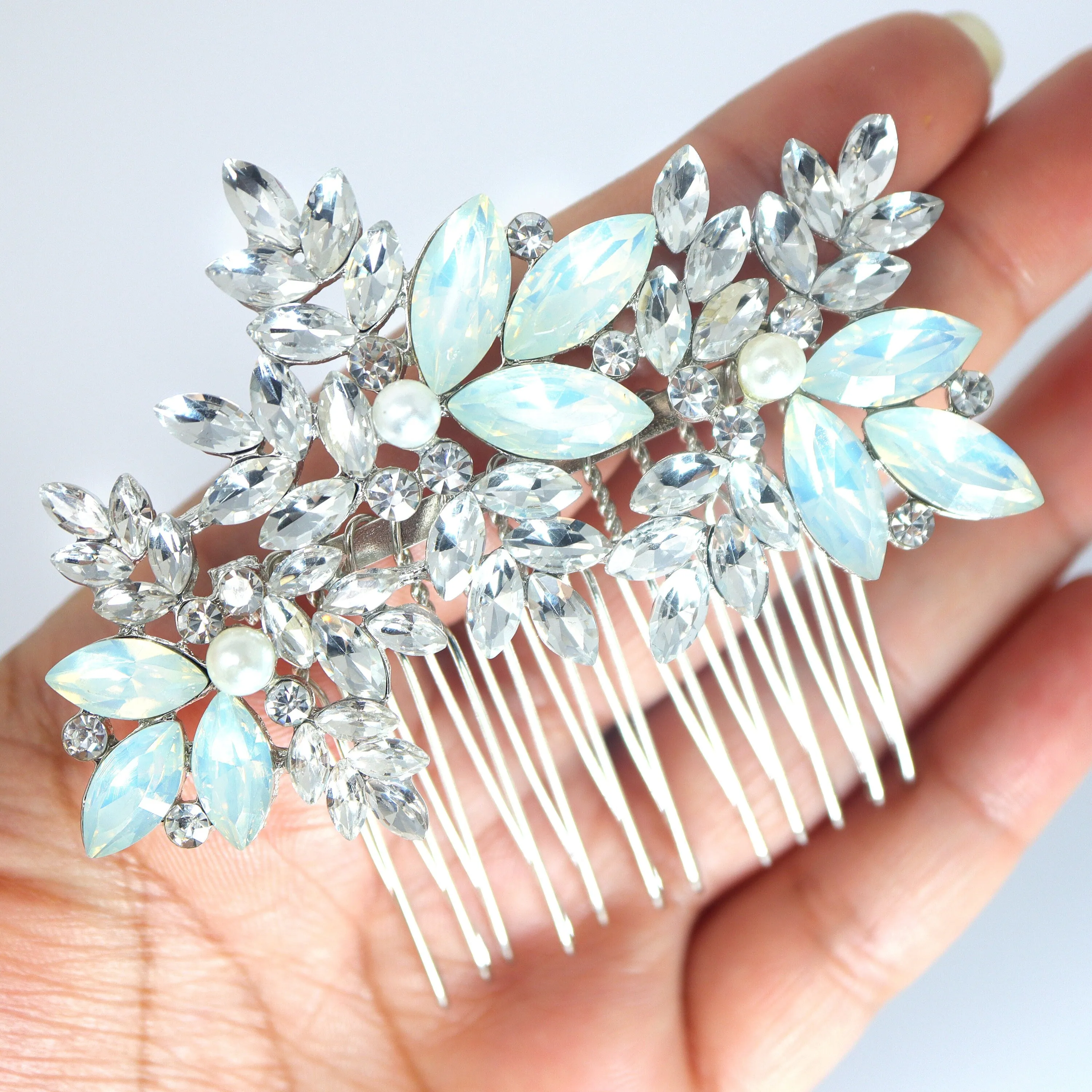 Icy Blue Floral and Opal Leaf Hair Comb, Bridal Haircomb, Statement Haircomb,