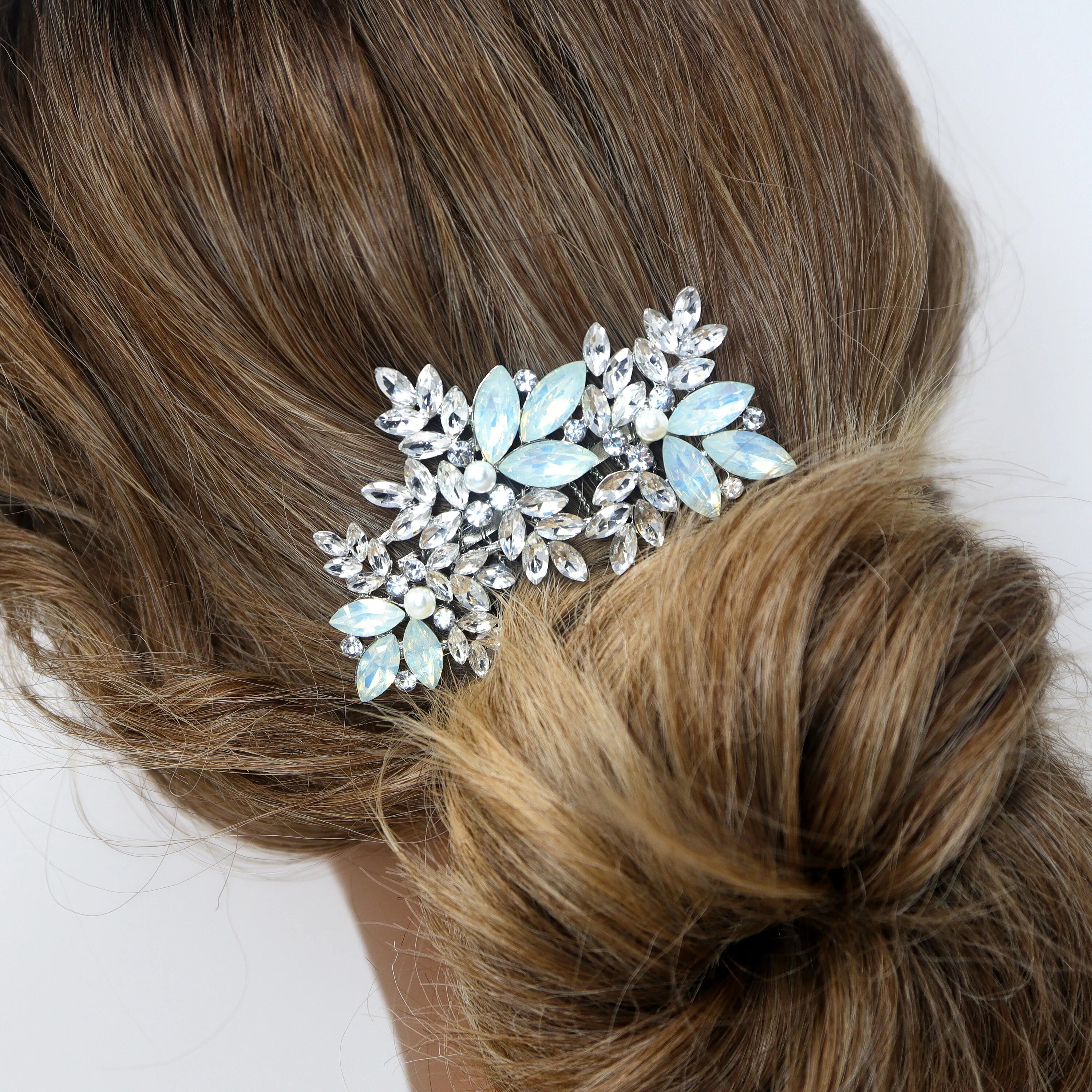 Icy Blue Floral and Opal Leaf Hair Comb, Bridal Haircomb, Statement Haircomb,