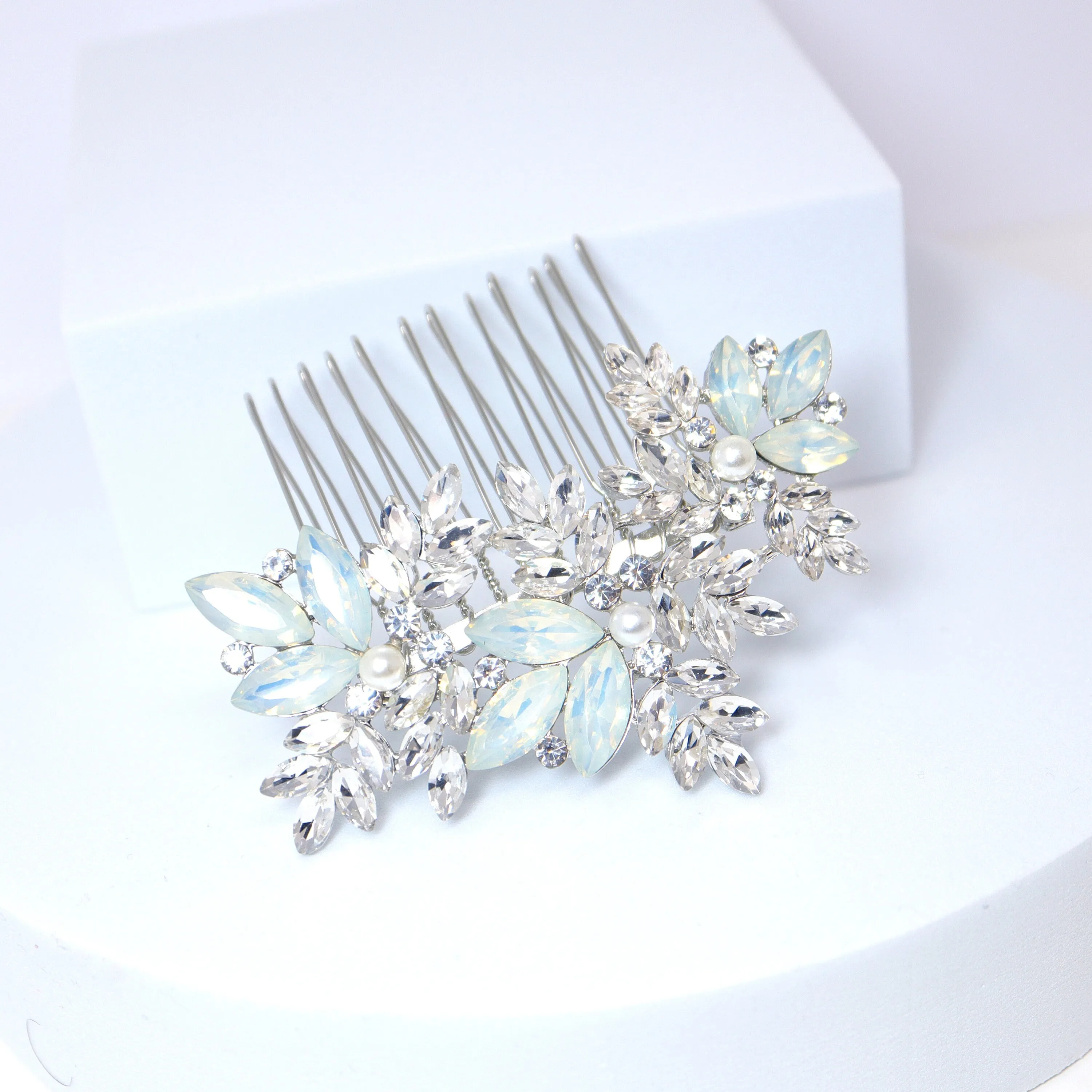 Icy Blue Floral and Opal Leaf Hair Comb, Bridal Haircomb, Statement Haircomb,