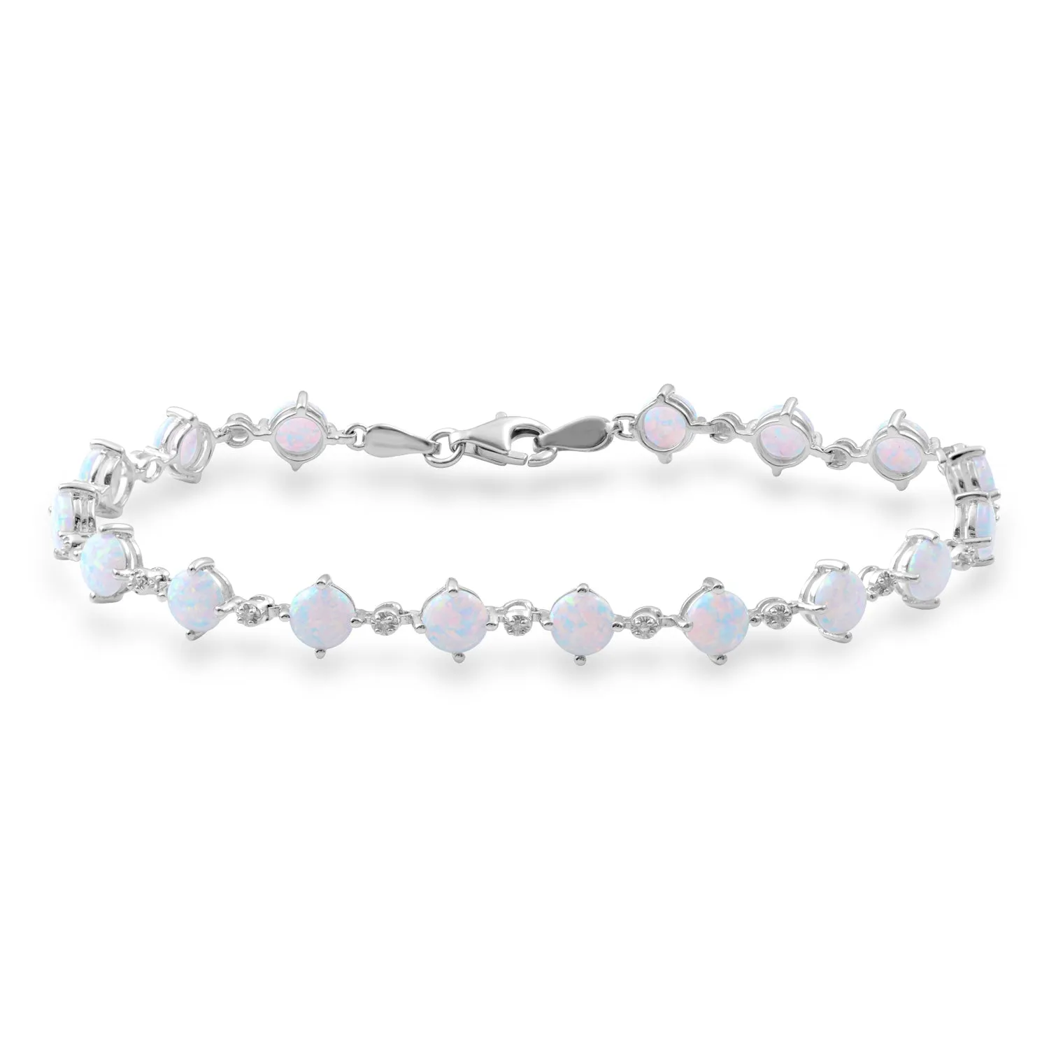 Jewelili Sterling Silver 5 MM Round Created Opal and White Diamonds Bracelet