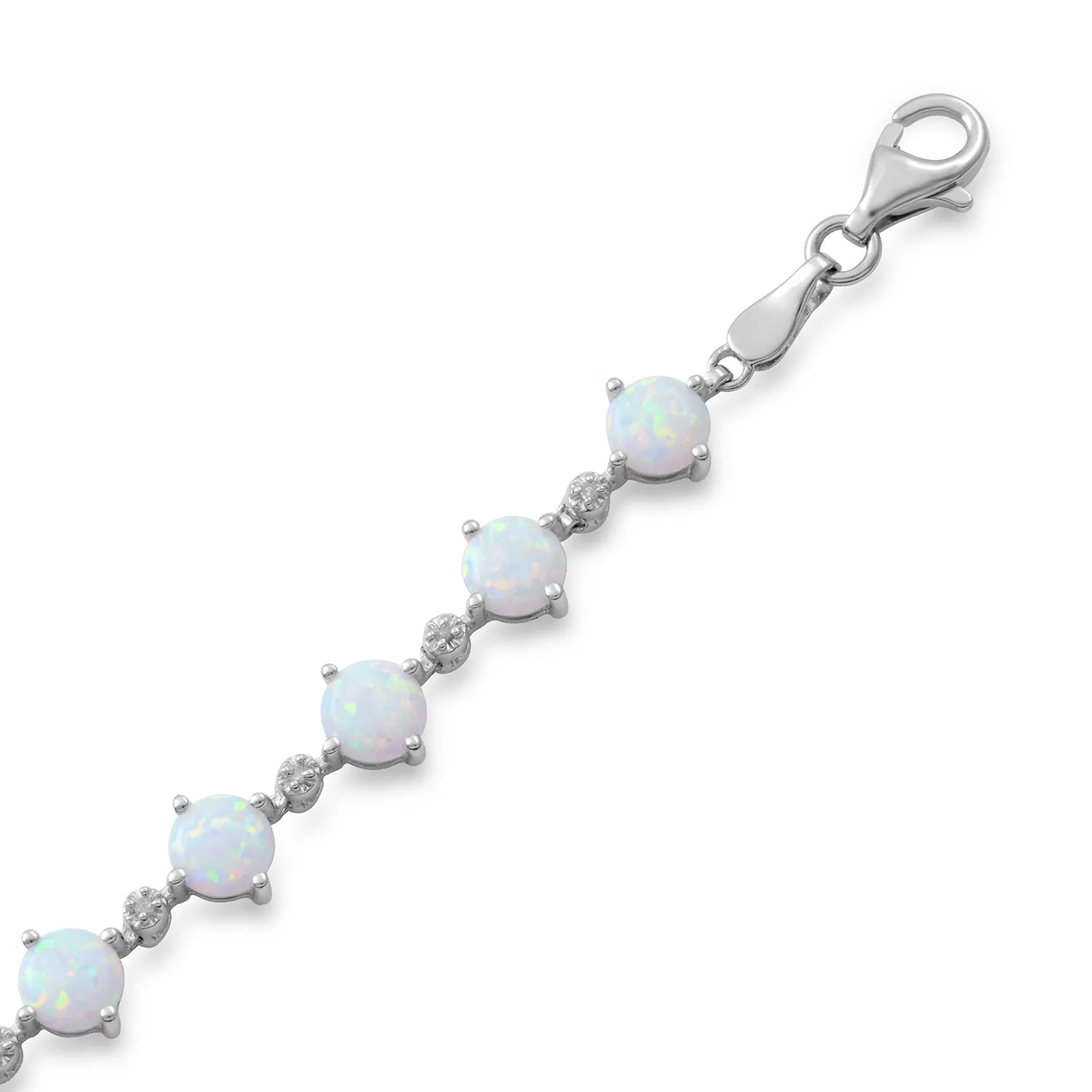 Jewelili Sterling Silver 5 MM Round Created Opal and White Diamonds Bracelet