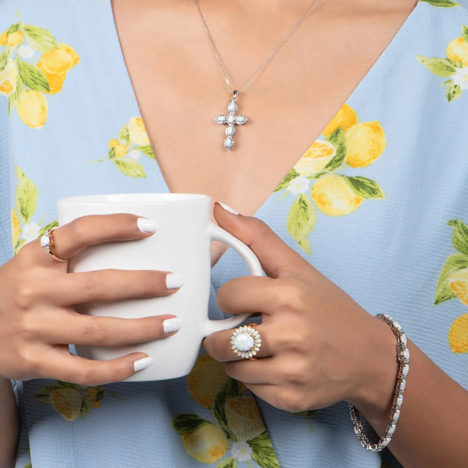 Jewelili Sterling Silver With Created Opal and Created White Sapphire Cross Pendant Necklace