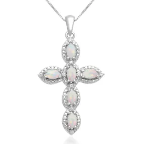 Jewelili Sterling Silver With Created Opal and Created White Sapphire Cross Pendant Necklace