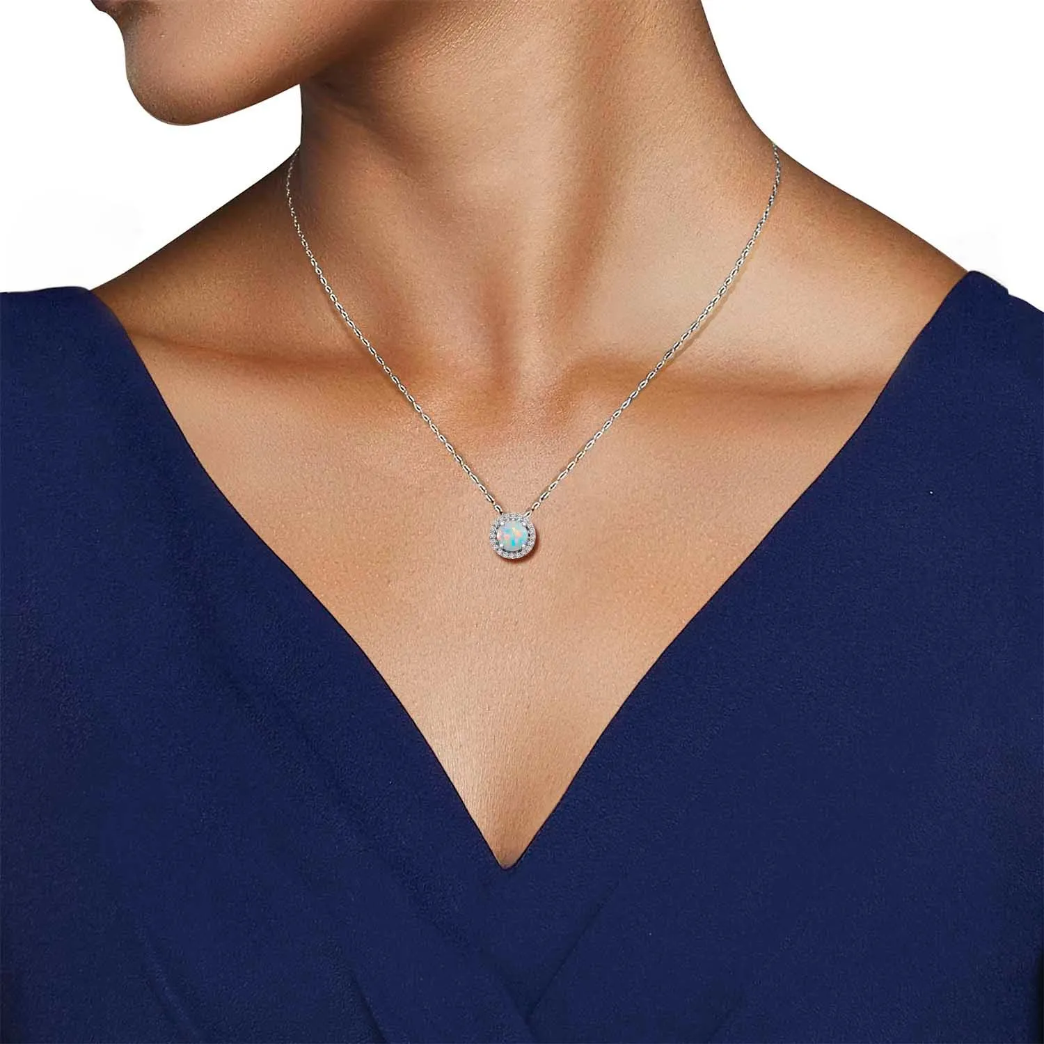 Jewelili Sterling Silver with Created Opal and Created White Sapphire Halo Pendant Necklace