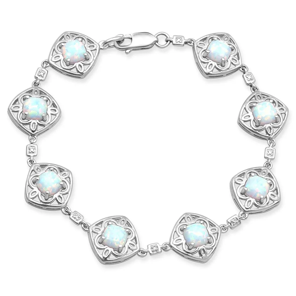 Jewelili Sterling Silver with Created Opal and Natural Diamonds Link Bracelet