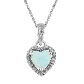 Jewelili Sterling Silver with Created Opal and Natural White Diamonds Halo Heart Pendant Necklace