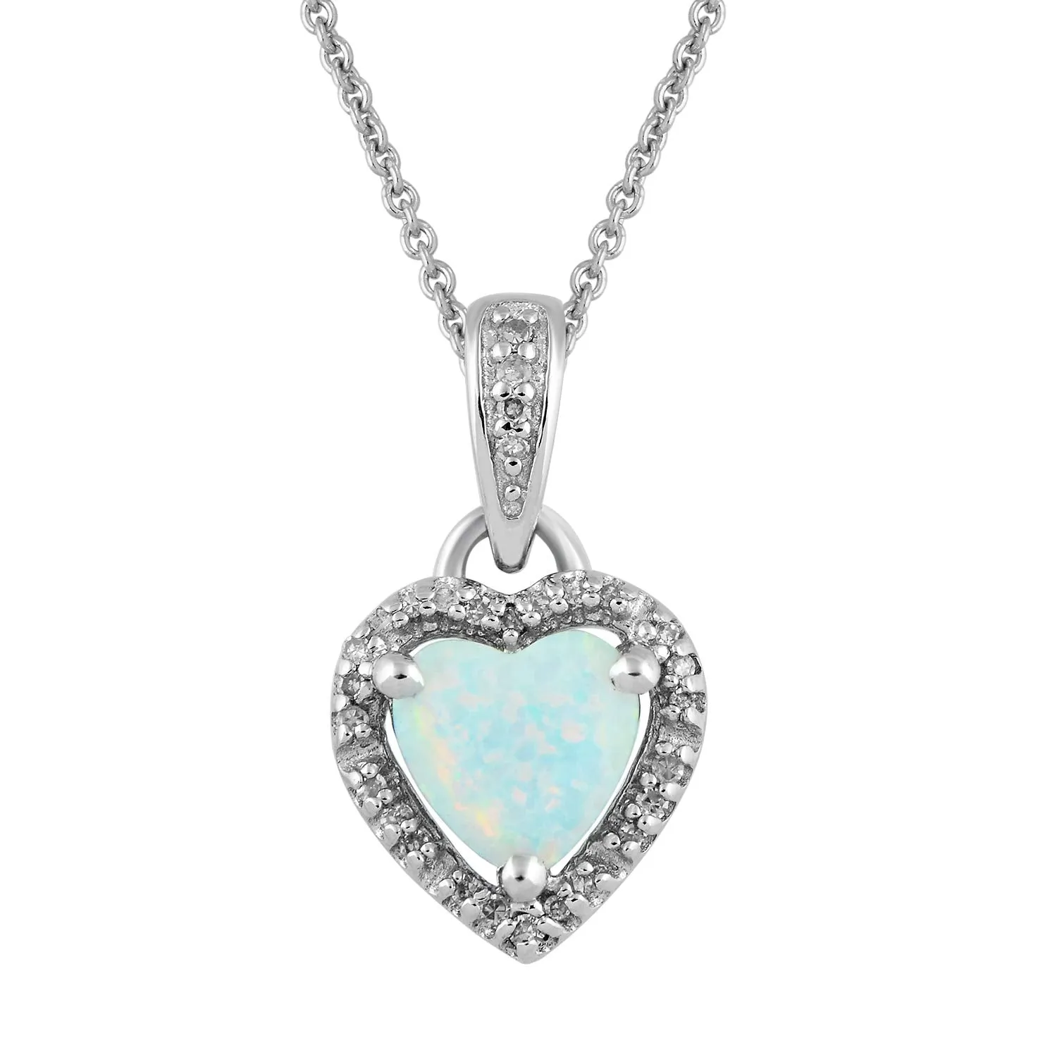 Jewelili Sterling Silver with Created Opal and Natural White Diamonds Halo Heart Pendant Necklace