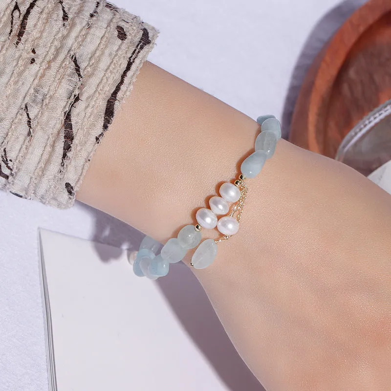 Korean Edition Aquamarine and Freshwater Pearl Bracelet in Sterling Silver