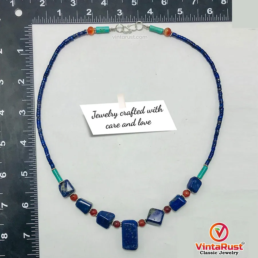 Lapis Lazuli Stone Necklace With Beaded Chain