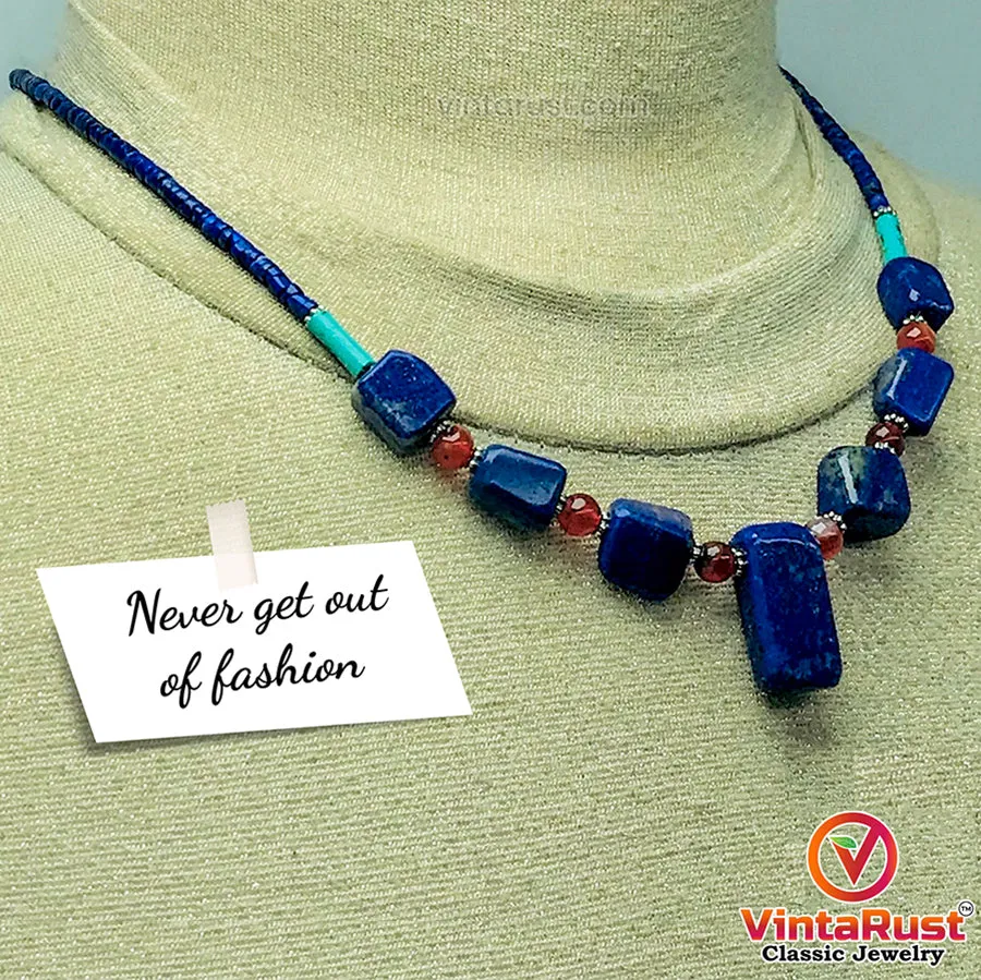 Lapis Lazuli Stone Necklace With Beaded Chain