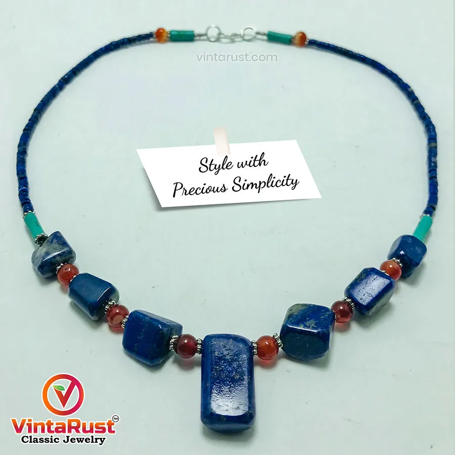 Lapis Lazuli Stone Necklace With Beaded Chain