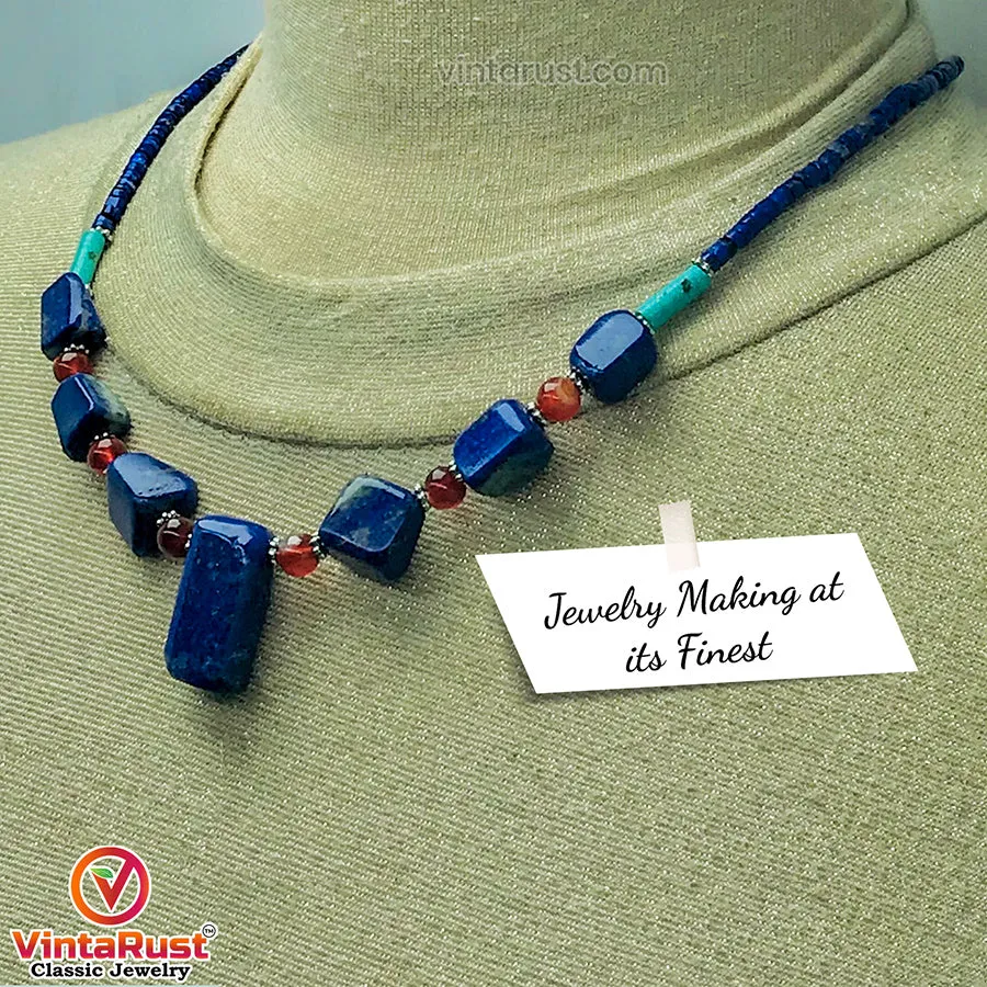 Lapis Lazuli Stone Necklace With Beaded Chain