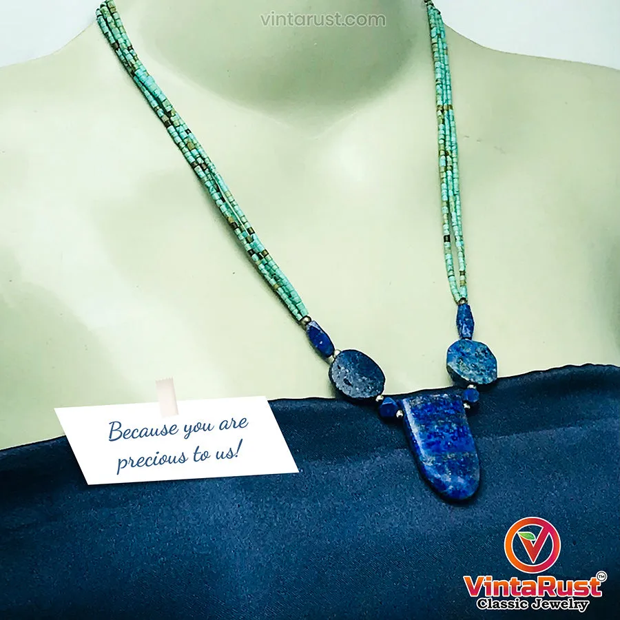 Lapis Stone Necklace With Turquoise Beaded Chain