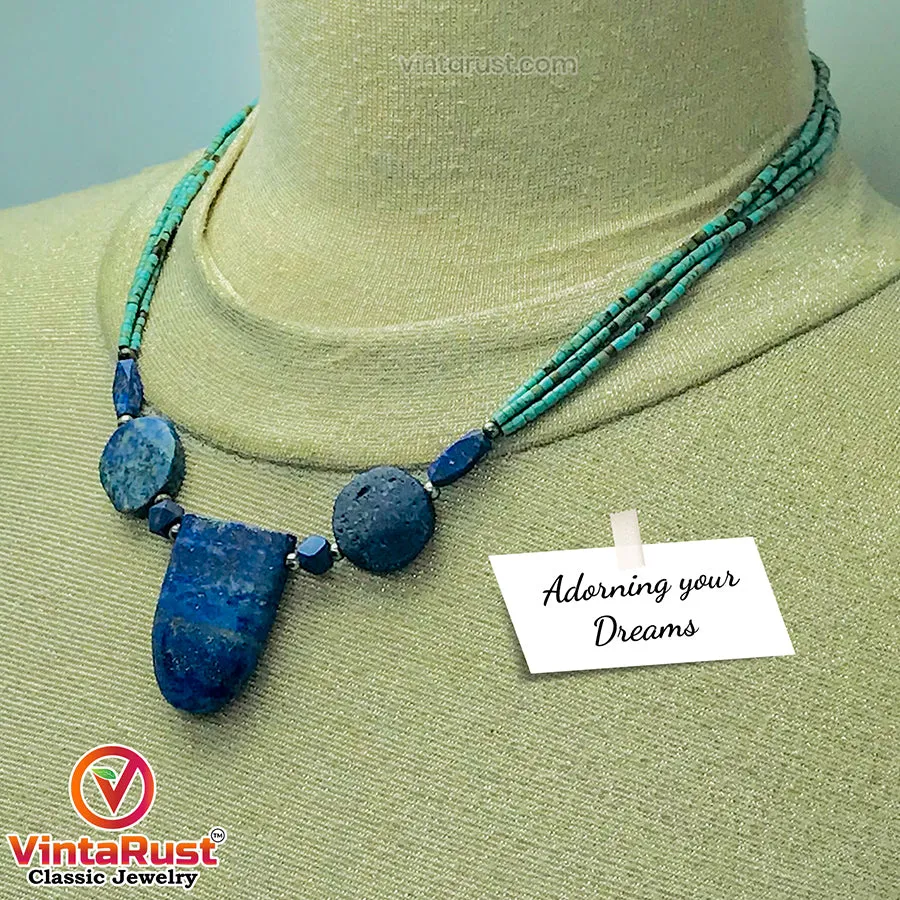 Lapis Stone Necklace With Turquoise Beaded Chain