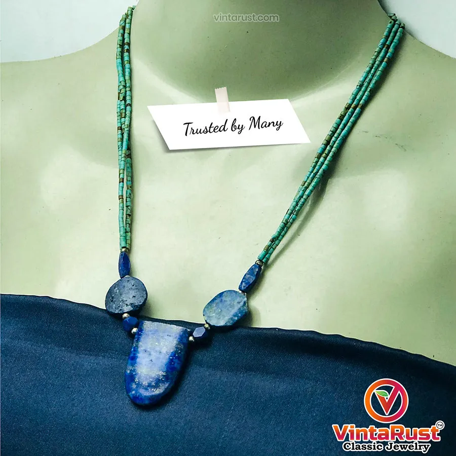 Lapis Stone Necklace With Turquoise Beaded Chain