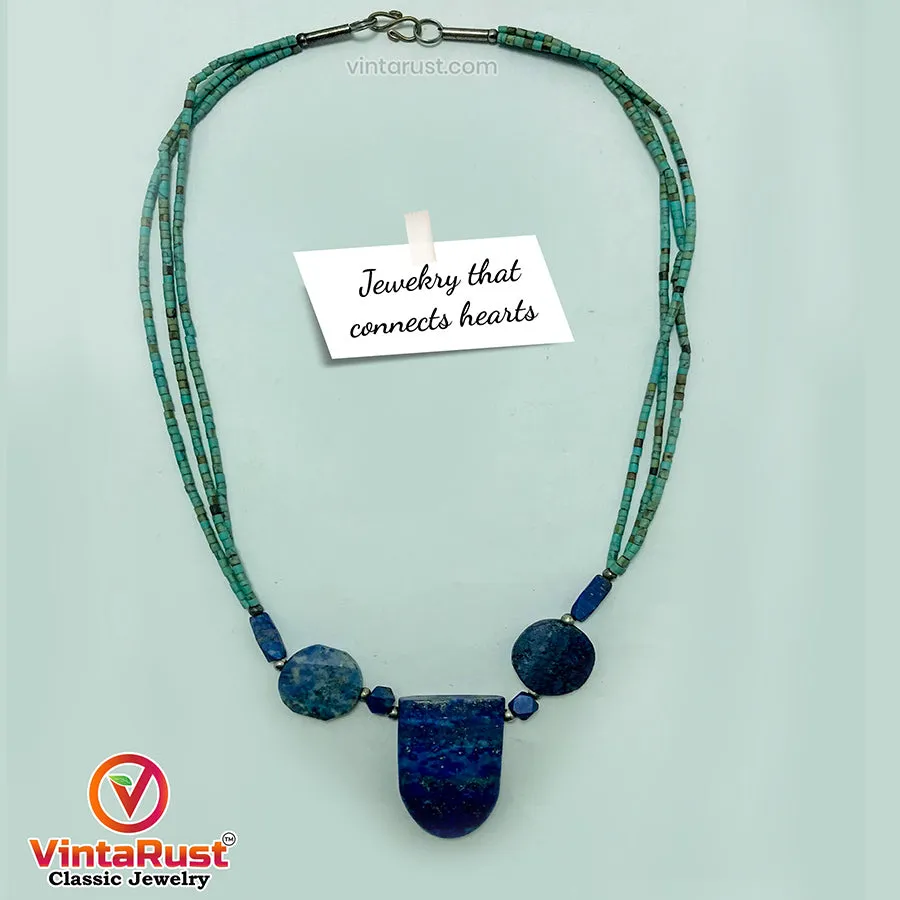 Lapis Stone Necklace With Turquoise Beaded Chain