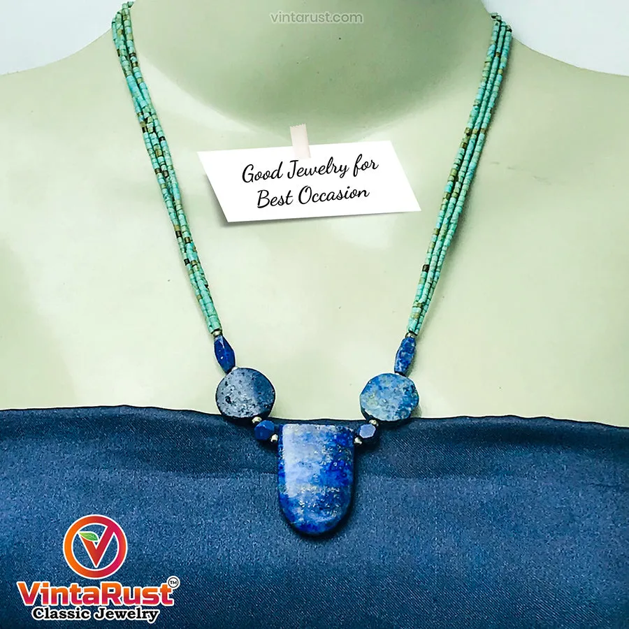 Lapis Stone Necklace With Turquoise Beaded Chain