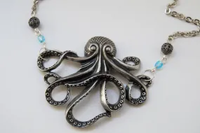 Large Silver Octopus Necklace | Nautical Jewelry | Octopus Pendant