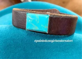 Laura Ingalls Women's Kingman Turquoise Rectangle Cab Leather Bracelet B-356