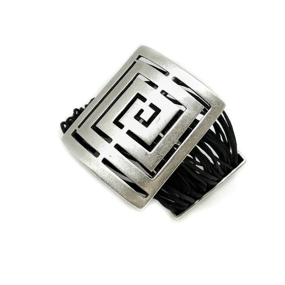 Leather & Pewter Bracelet with Puzzle Square Disc