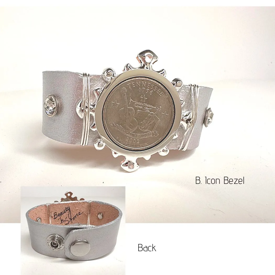 Leather Cuff With Mounted Coin Bracelet