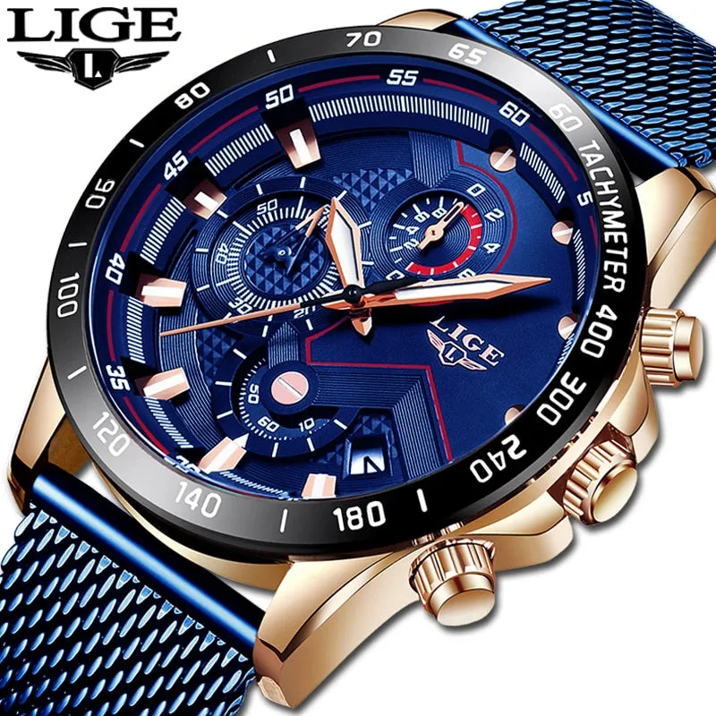 Lige Watch Sports Chronograph Metal Band