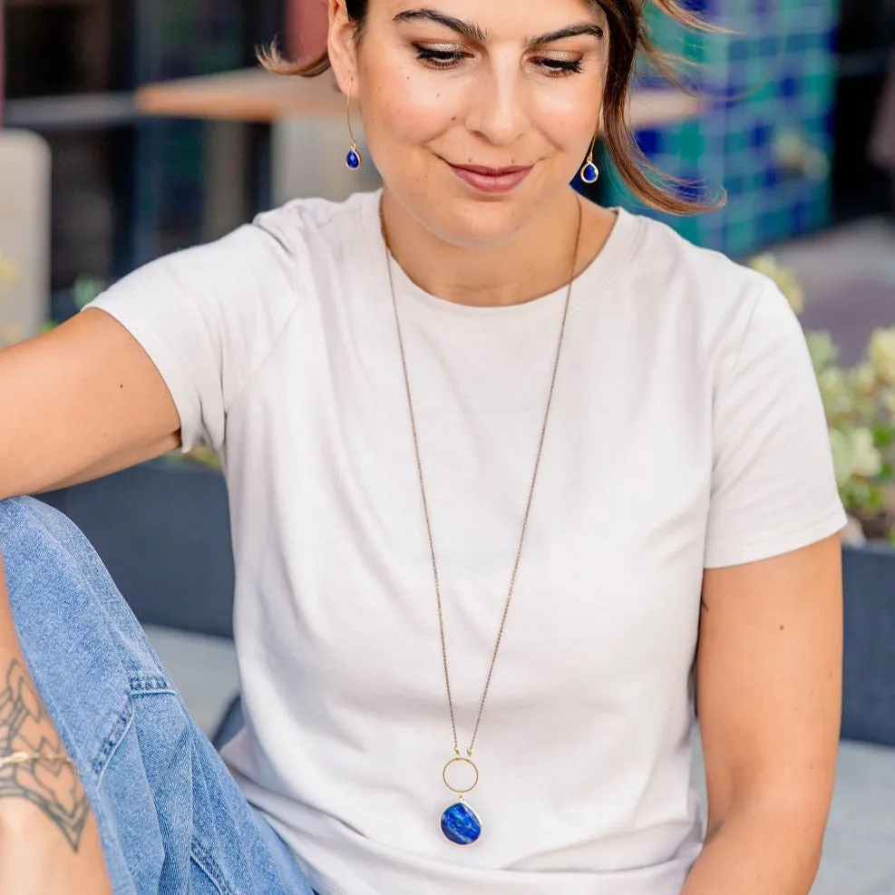 Long Circle Stone Necklace Lapis