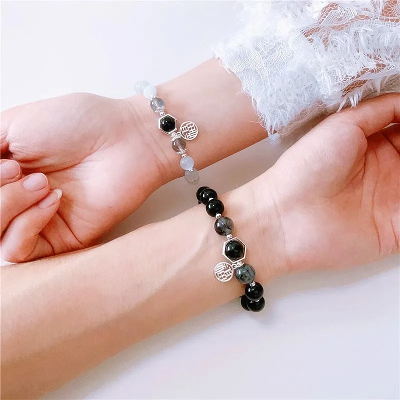 Luxurious Opal and Obsidian Crystal Sterling Silver Bracelets for Couples