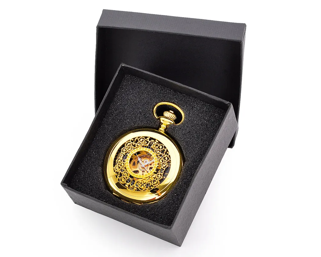 Luxury Hand Wind Mechanical Pocket Watch with Chain - Golden