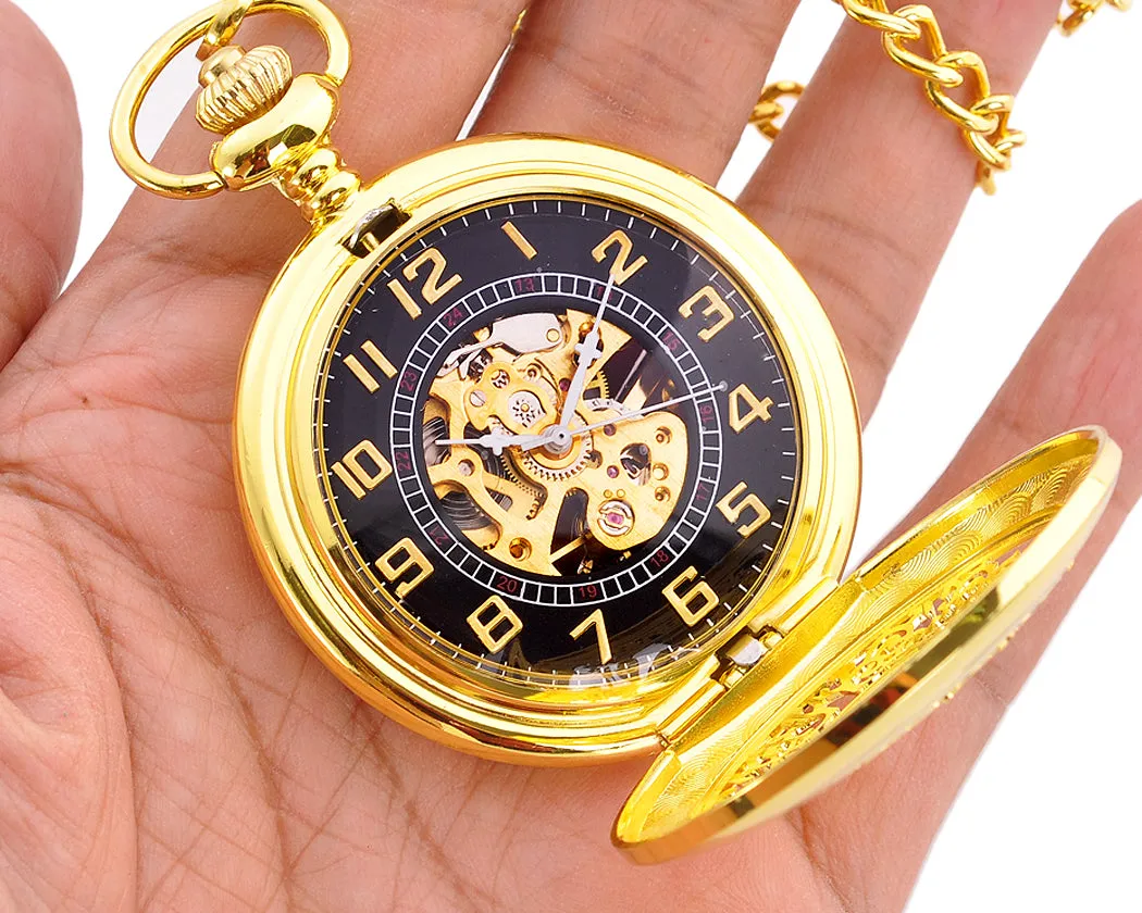 Luxury Hand Wind Mechanical Pocket Watch with Chain - Golden